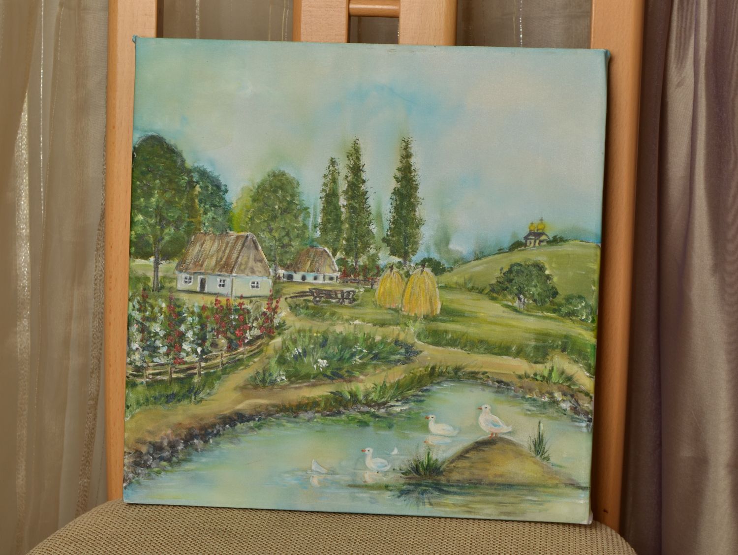 Peinture contemporaine avec paysage faite main Village photo 1