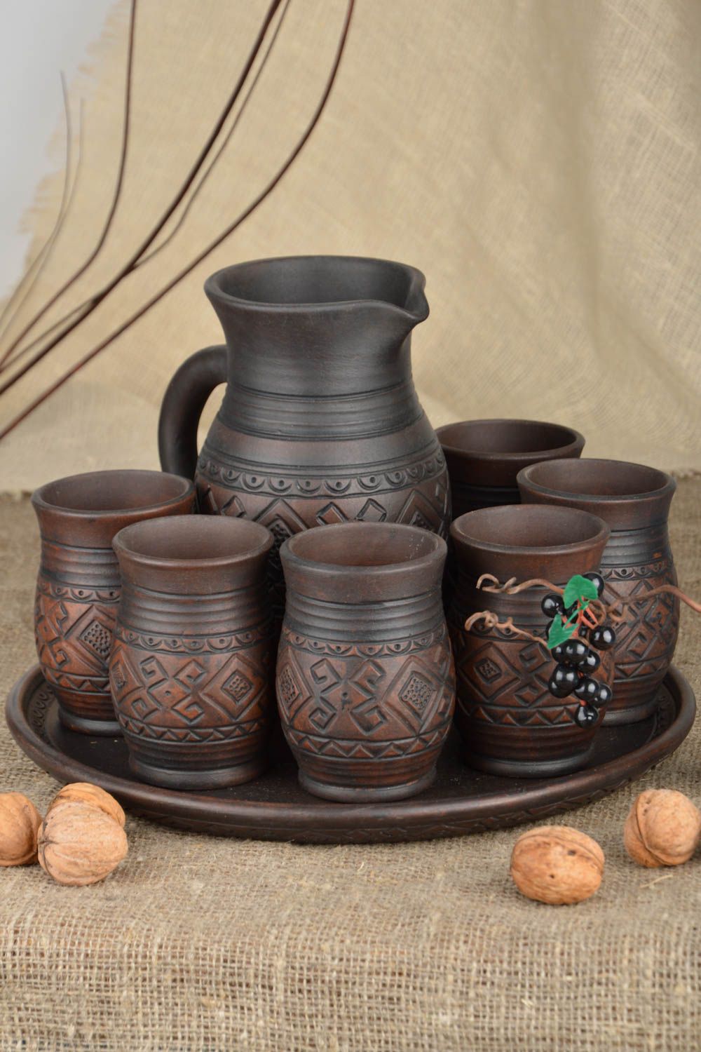 30 oz ceramic wine jug in dark brown color with six wine goblets and ashtray 8,7 lb photo 1