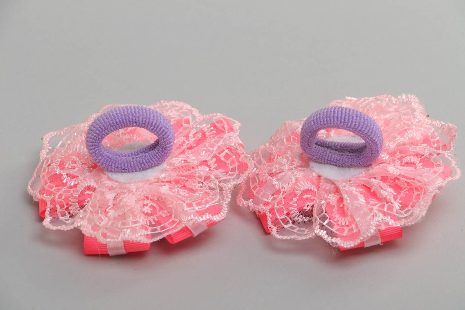 Handmade set of scrunchies made of satin ribbons Flowers 2 pieces hair accessories photo 4