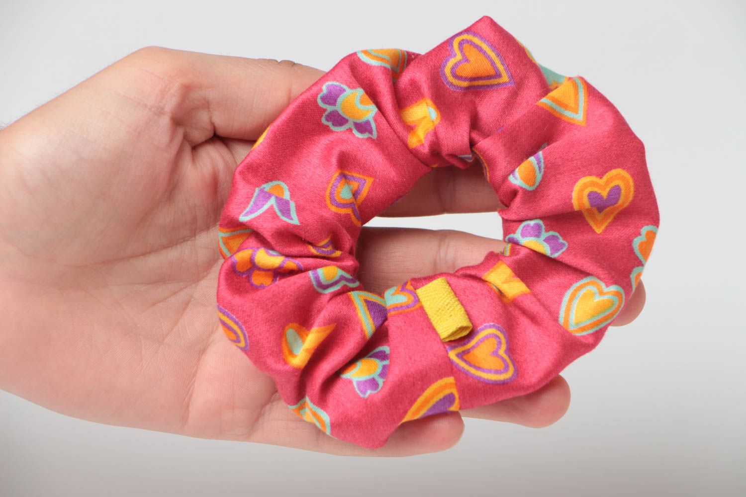 Handmade decorative bright colorful fabric hair tie with hearts pattern photo 5