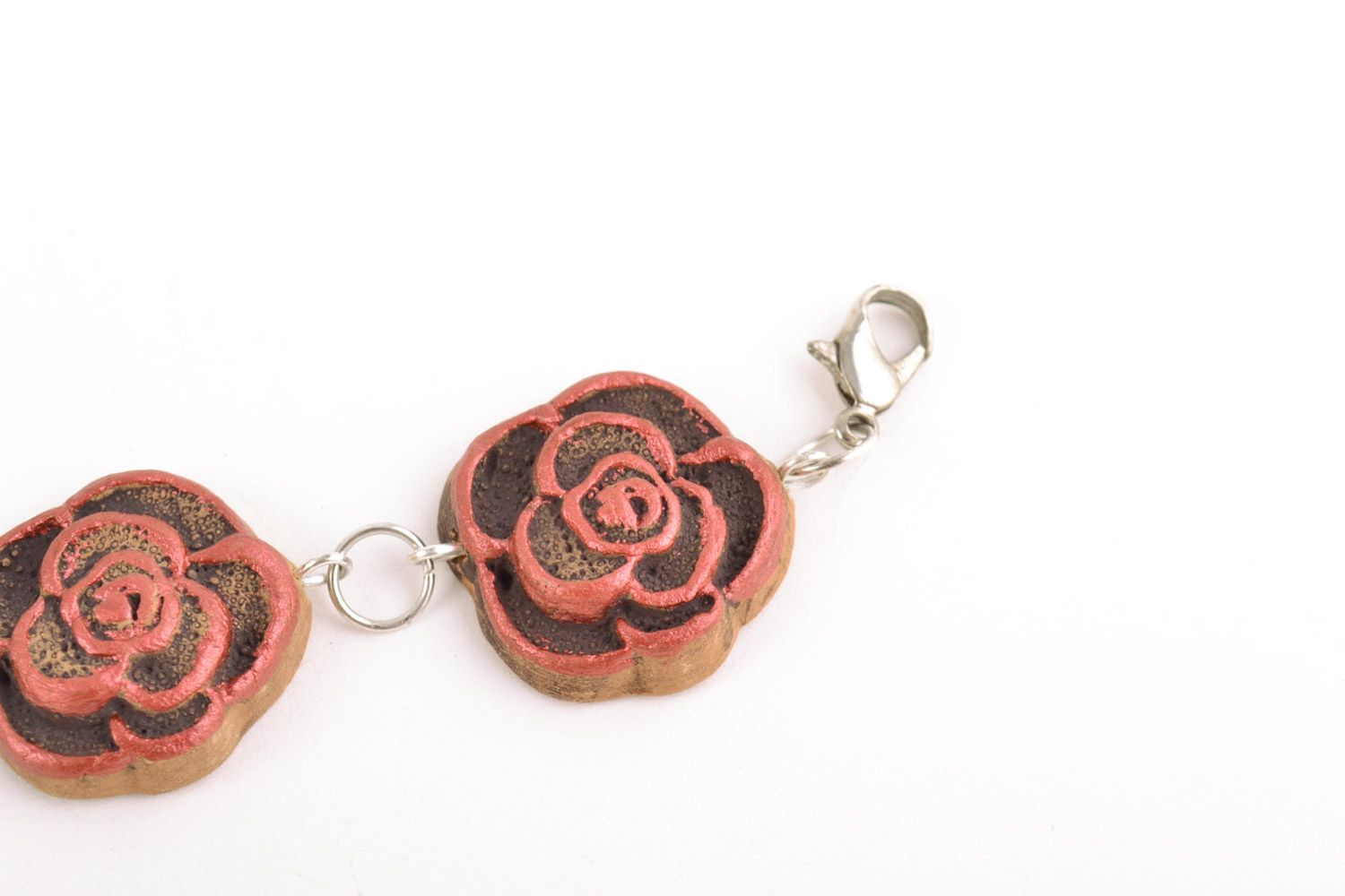 Handmade ethnic wrist bracelet on chain with painted ceramic floral elements photo 4