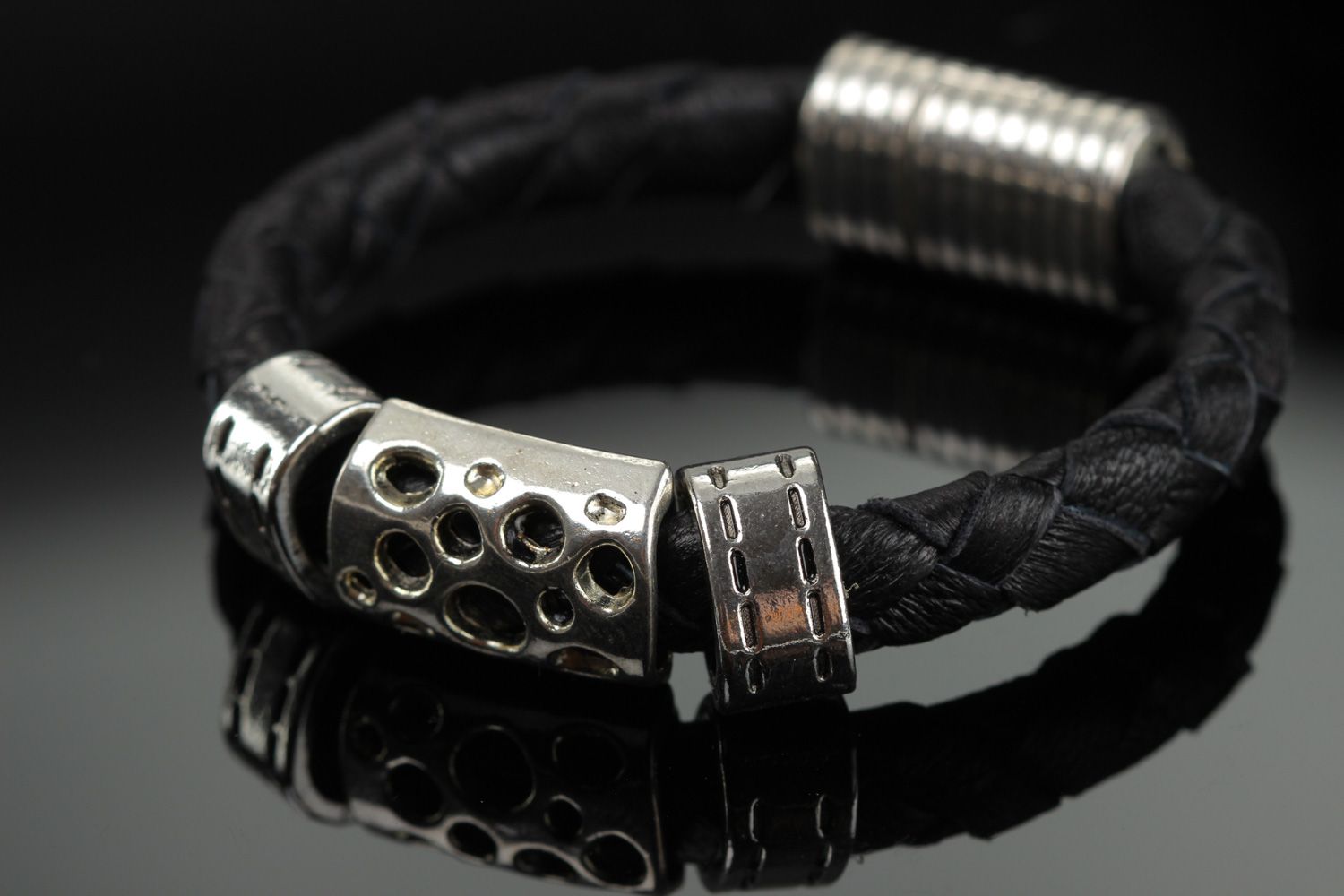 Unisex black and silvery handmade genuine leather bracelet with metal charm photo 1