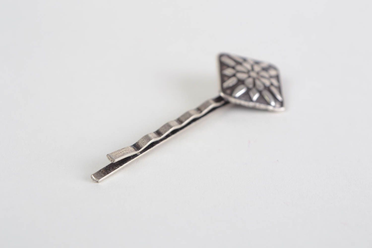 Beautiful handmade designer metal bobby pin in the shape of rhombus with pattern photo 4