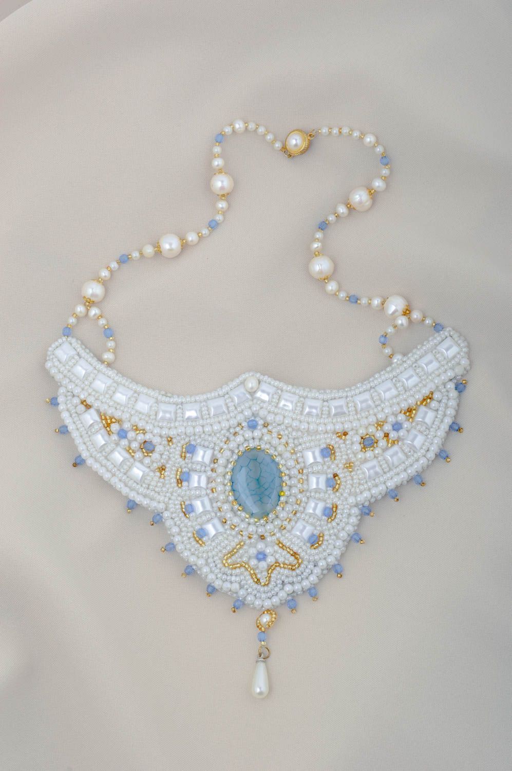 Collier Halskette handmade Glasperlen Schmuck Kette mit Anhänger blau weiß foto 1
