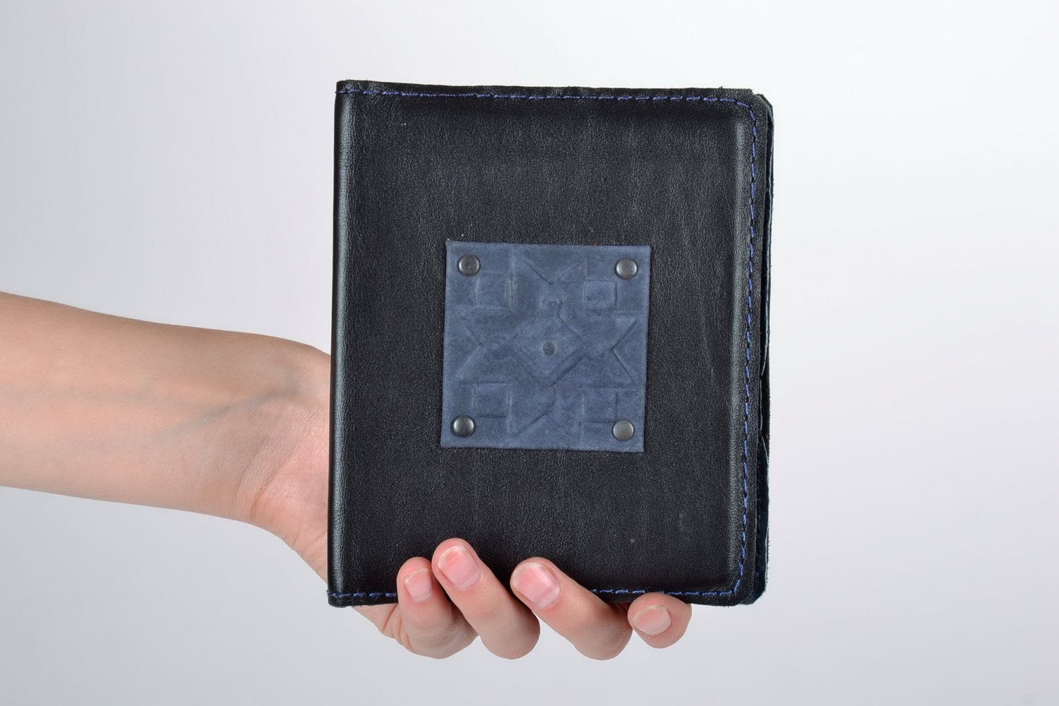 Porte-cartes de visite en cuir noir fait main photo 2