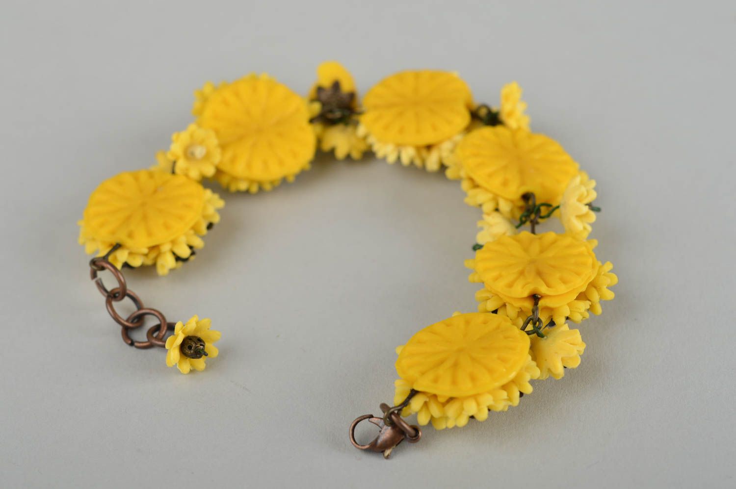 Handmade yellow bracelet polymer clay bracelet with flowers designer jewelry photo 4