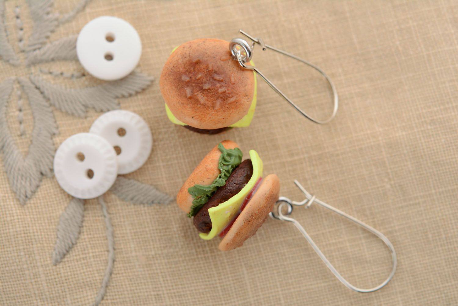 Earrings made of polymer clay Cheeseburgers photo 3