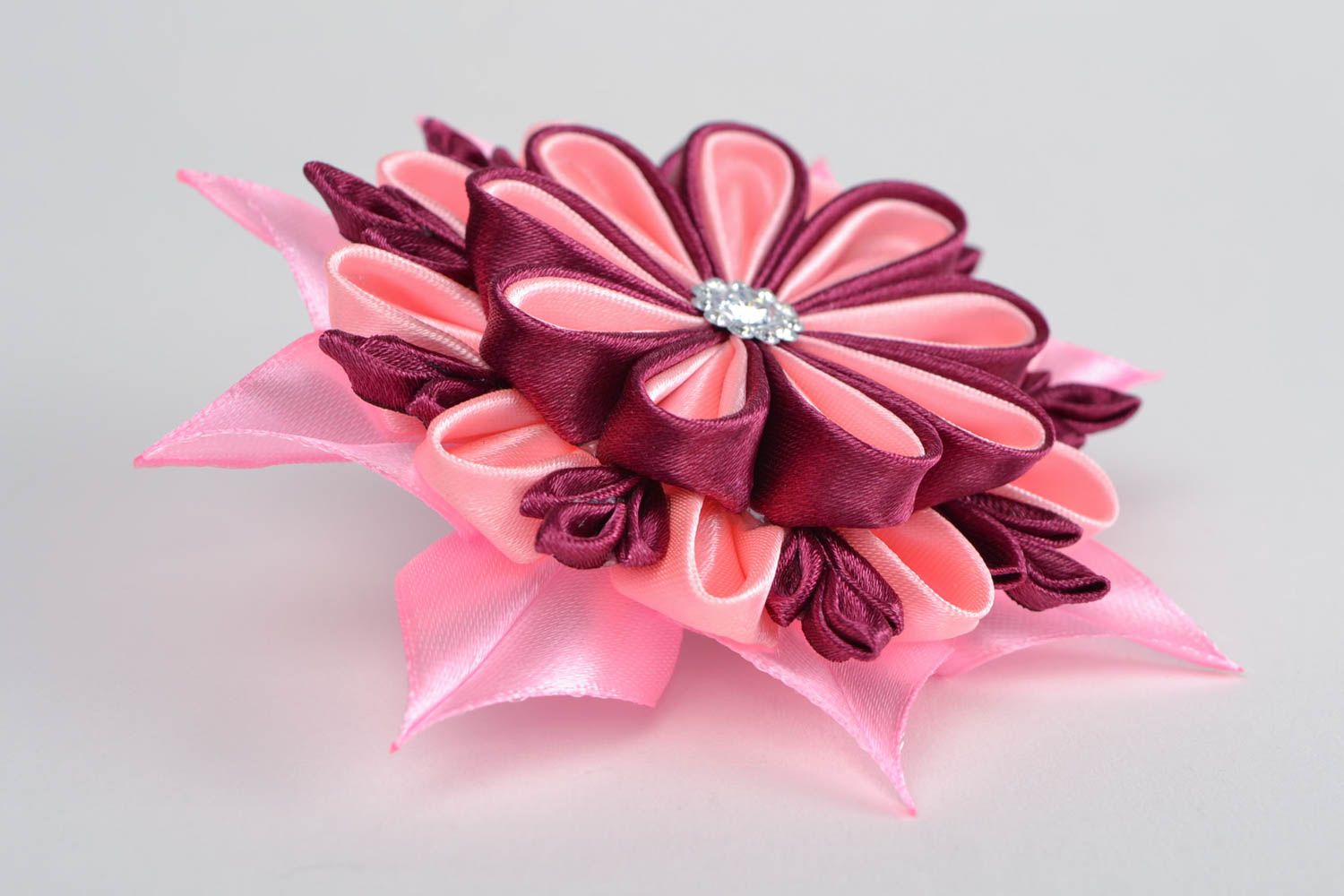 Élastique à cheveux fleur rose bordeaux rubans de satin fait main pour fillette photo 4