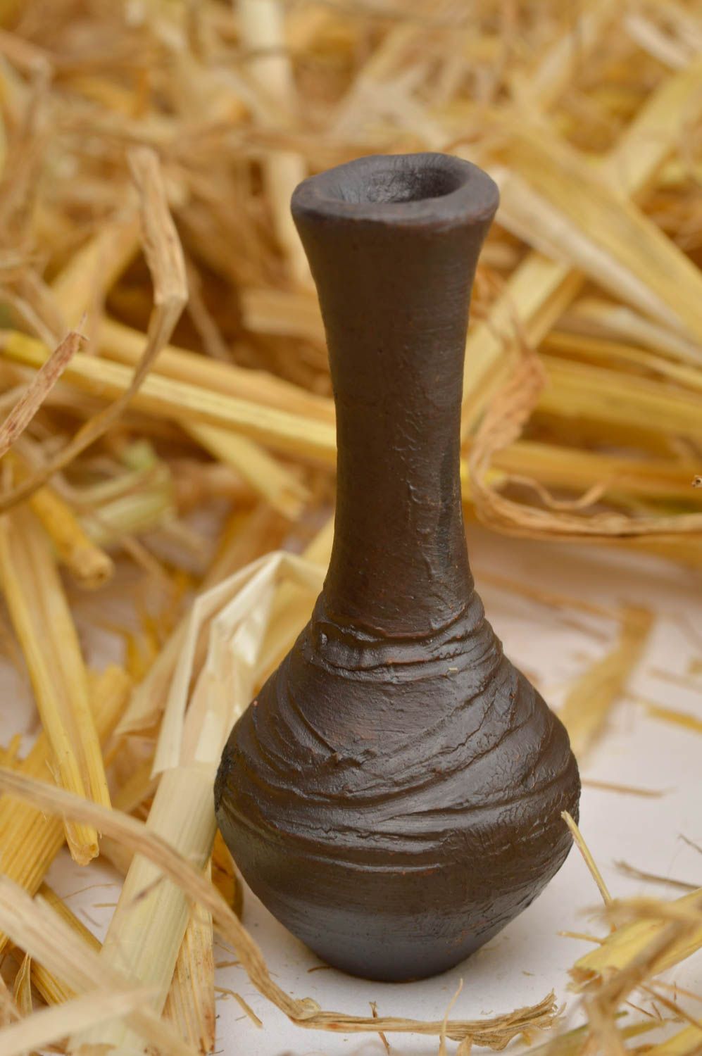 Small 5 oz clay vase with a long neck in brown color 2, 0,02 lb photo 2