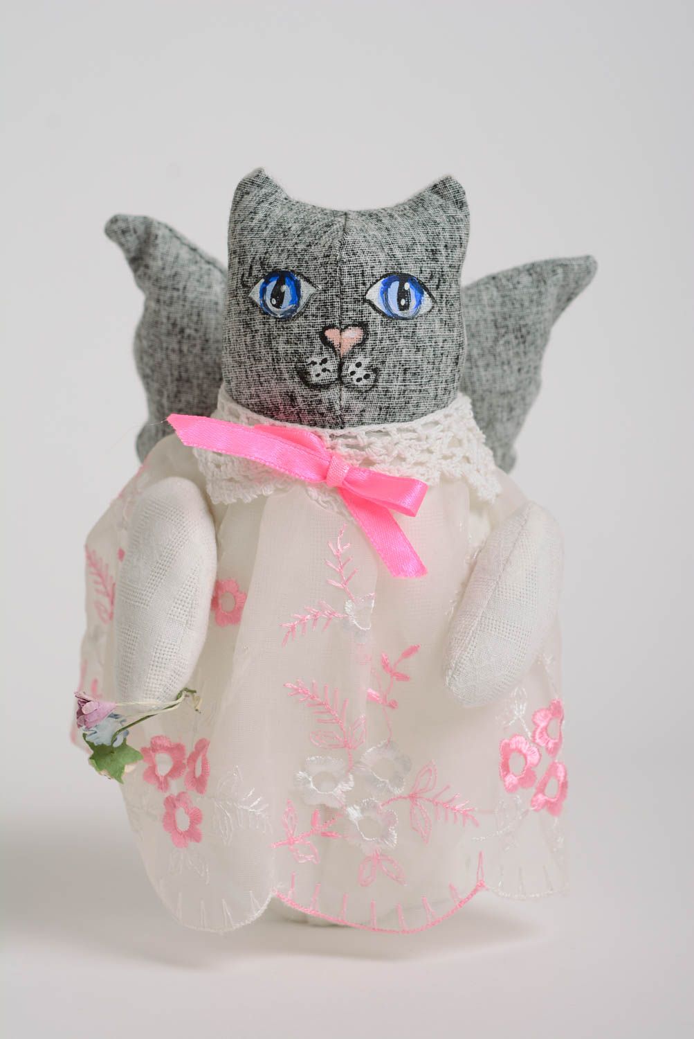 Beautiful small handmade fabric toy cat in gray dress photo 1
