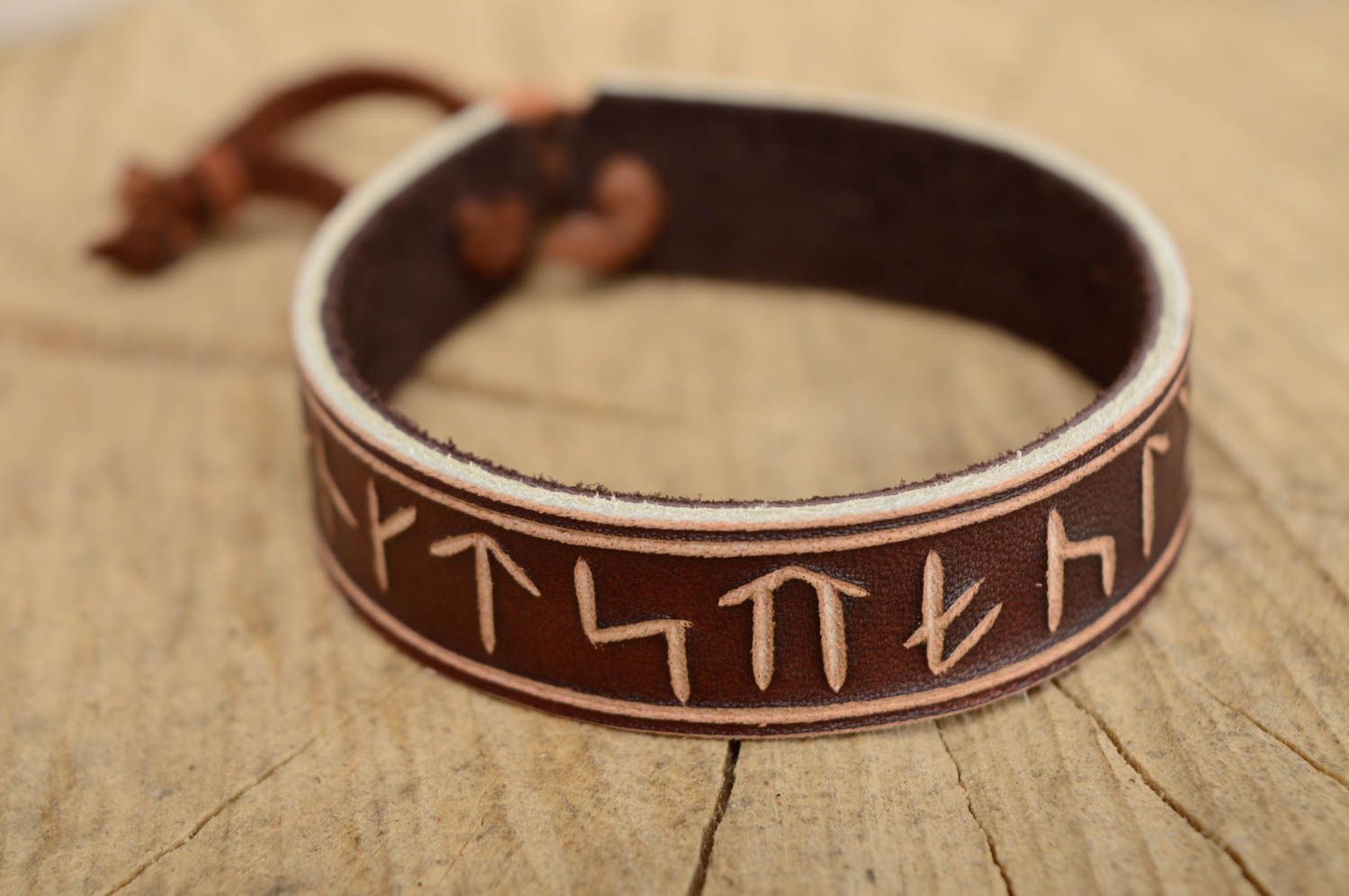 Unisex leather bracelet with runes photo 1