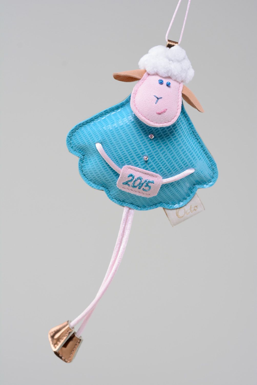 Handmade genuine leather keychain in the shape of cute lamb in blue dress photo 1