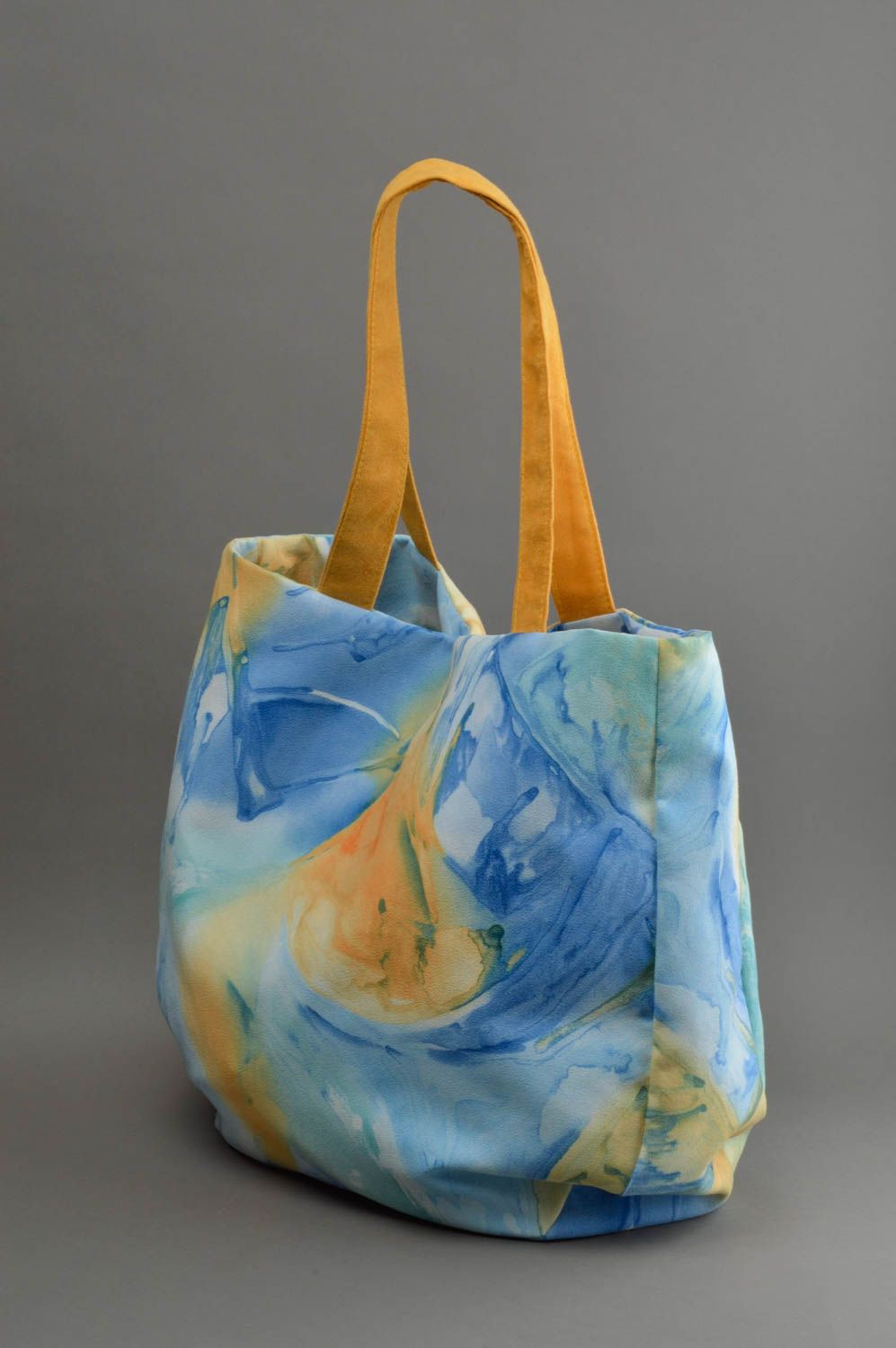 Grand sac à main en daim artificiel fait main bleu-orange fermoir aimanté photo 2