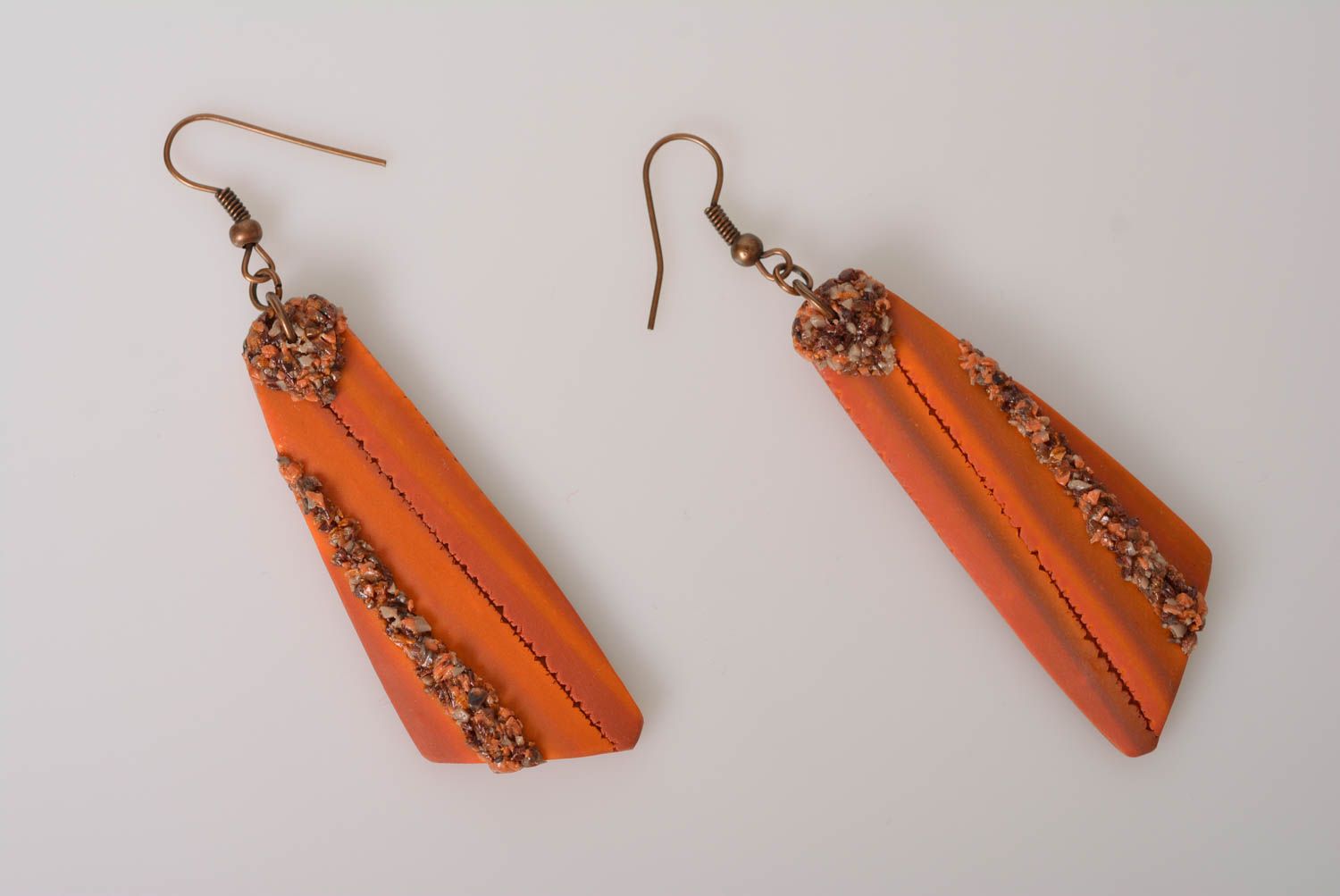 Handmade long dangle polymer clay earrings of terracotta color shade photo 5