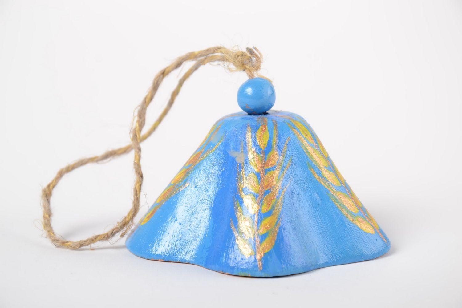 Cloche en céramique à suspendre peinte bleue et jaune faite main décoration photo 5