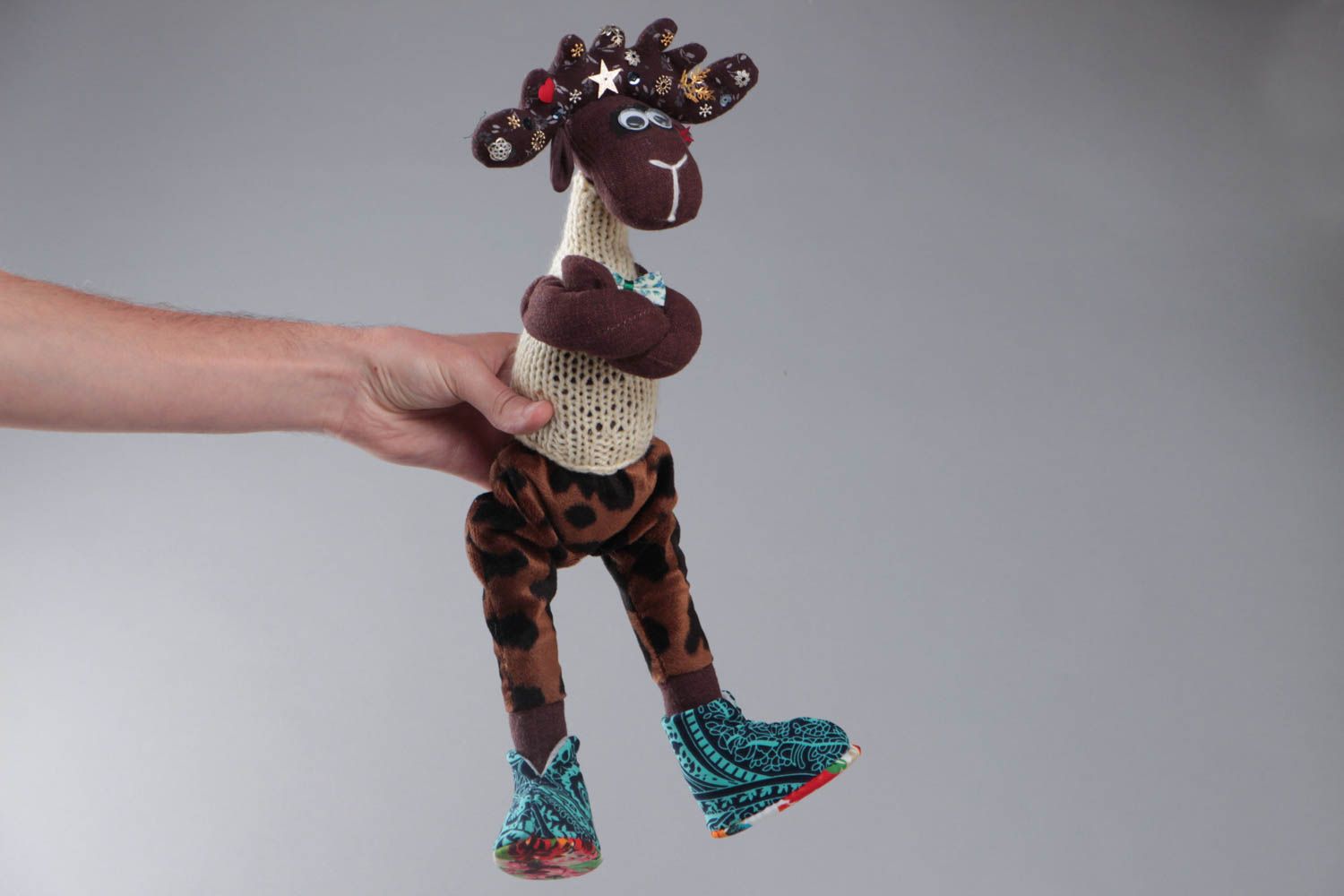 Handmade designer fabric soft toy Elk in knit vest and trousers with animal print photo 5