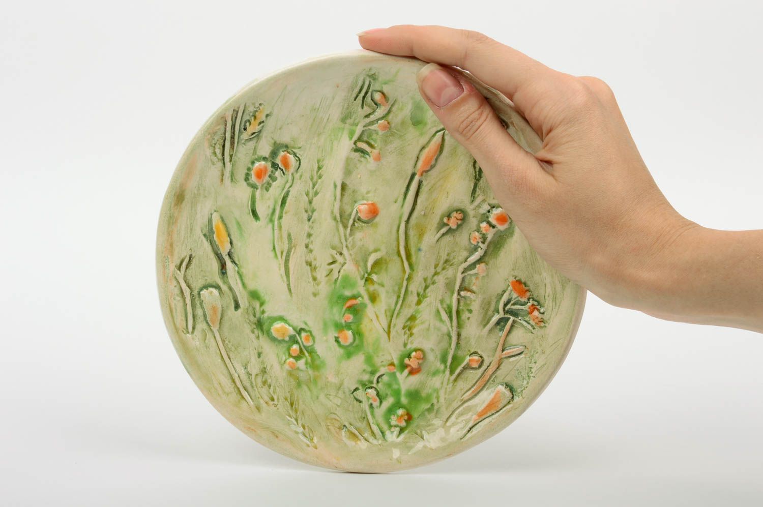 Плоская керамическая тарелка расписанная глазурью красивая ручной работы  фото 3