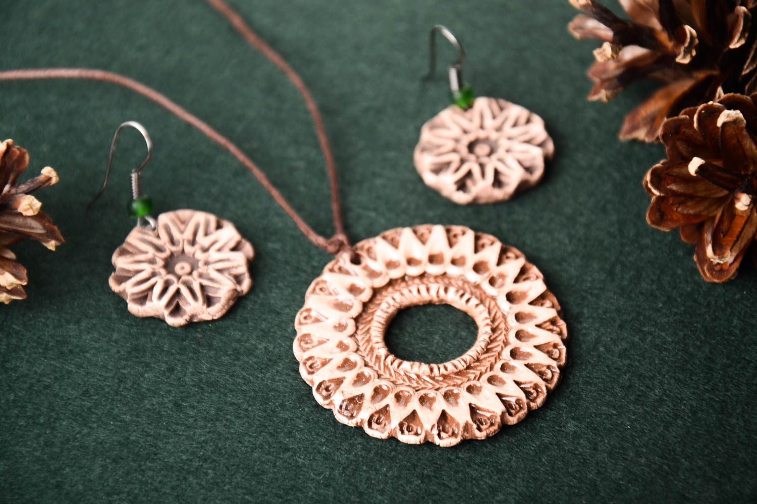 Ethnic dangling earrings handmade round clay pendant jewelry for ladies photo 1