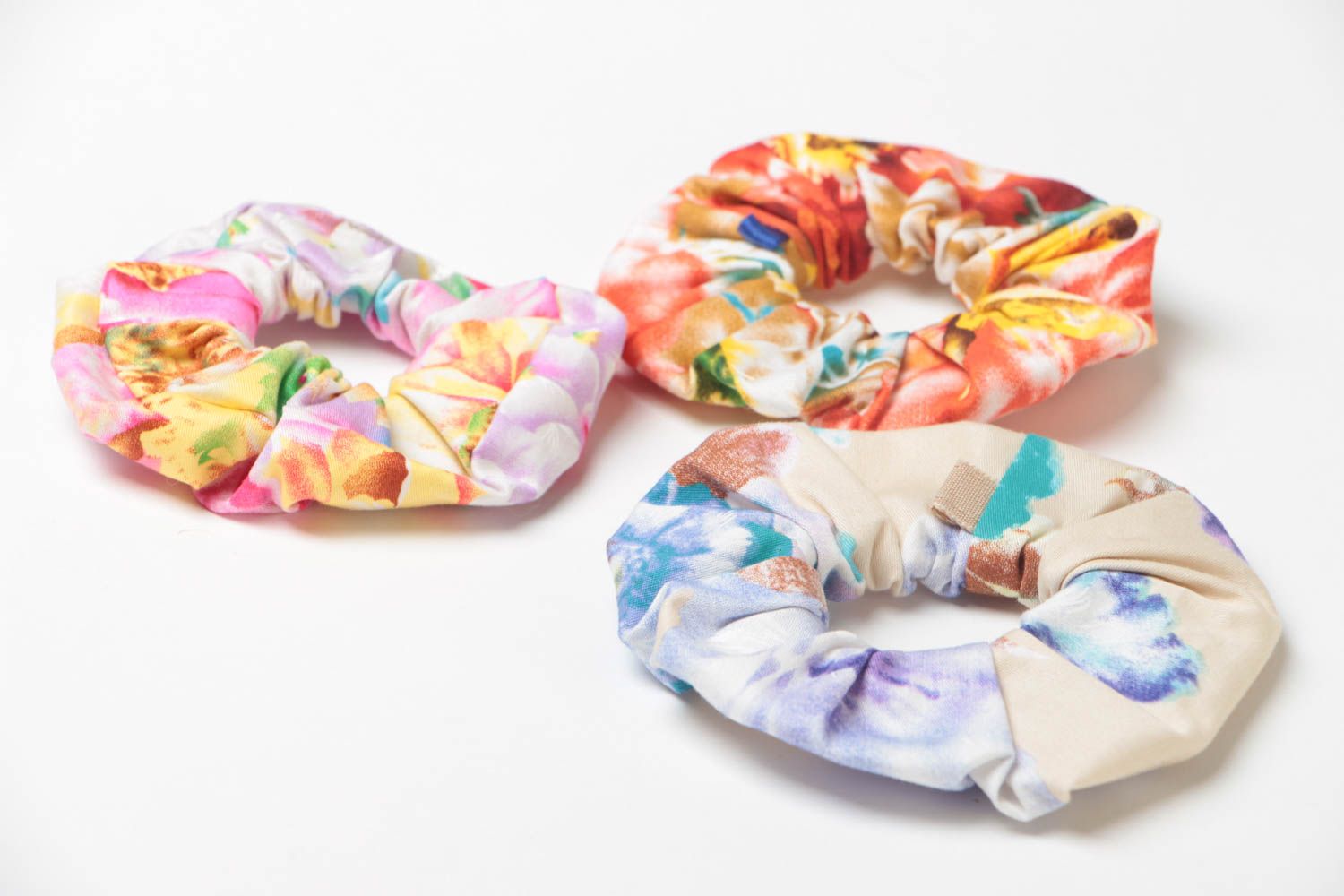 Colorful handmade designer fabric hair ties set 3 pieces  photo 3
