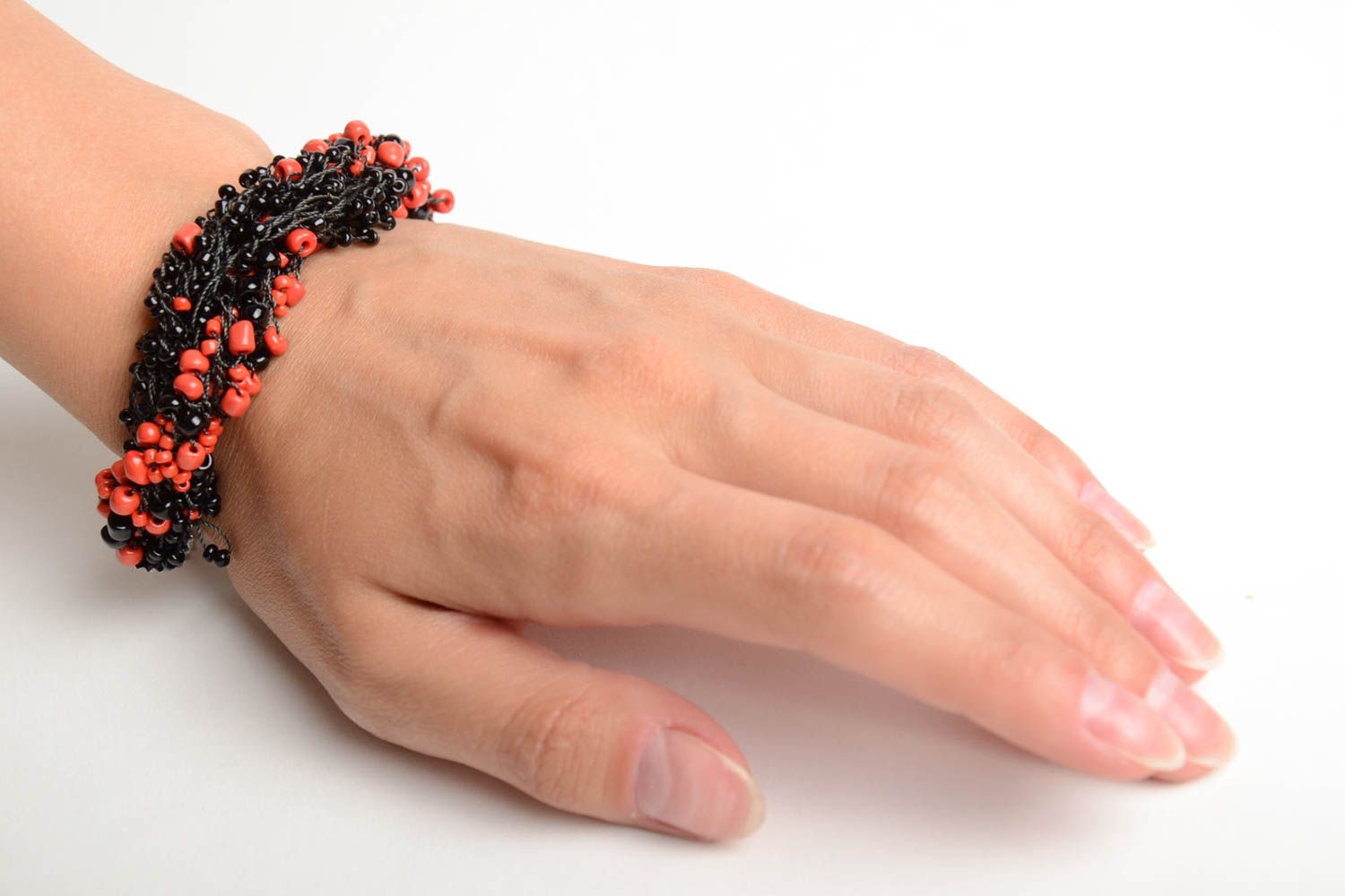 Handmade designer women's wrist bracelet woven of black and red Czech seed beads photo 2