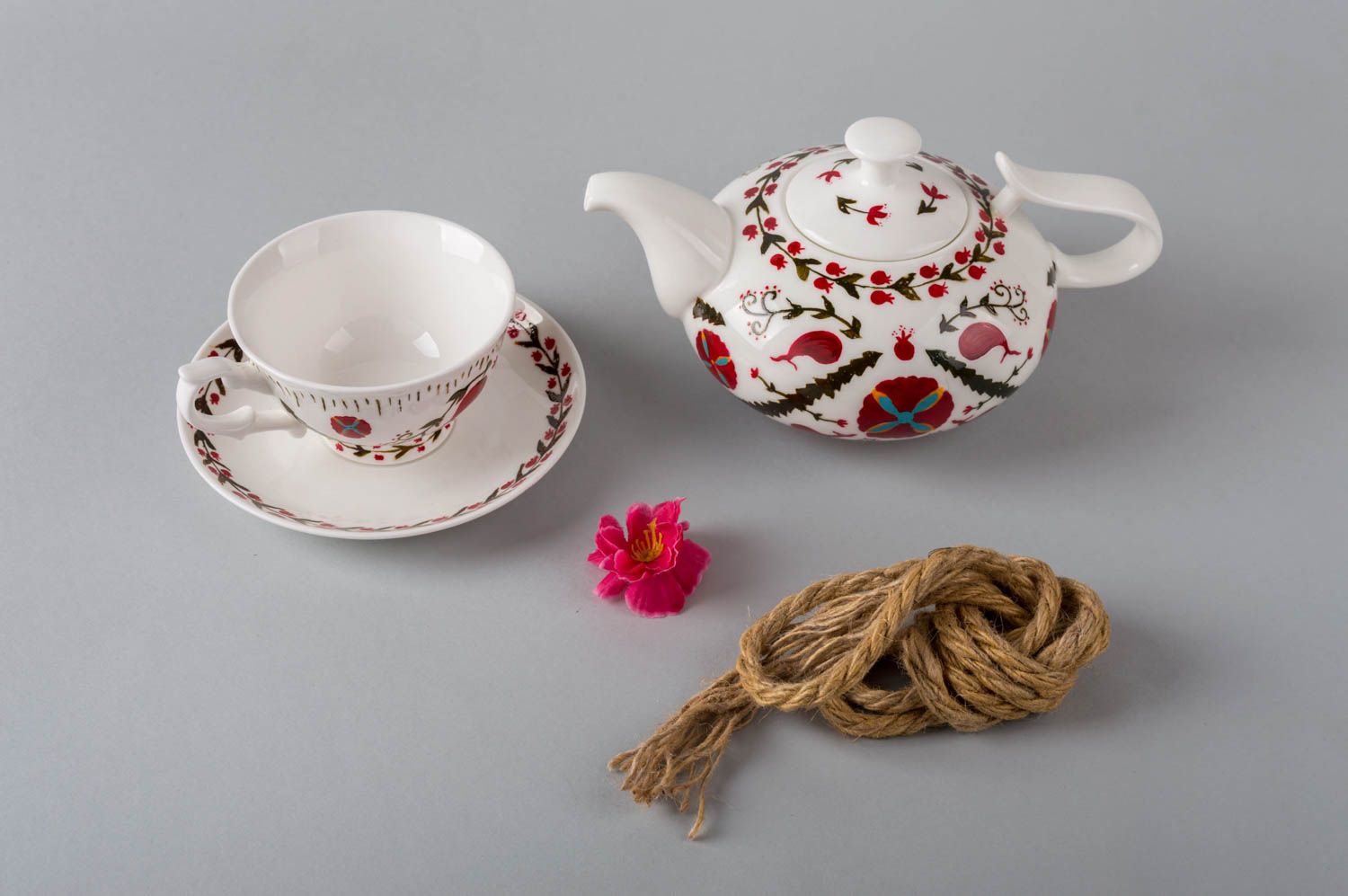 Набор керамики чашка с блюдцем и заварочный чайник с авторской росписью хэндмэйд фото 1
