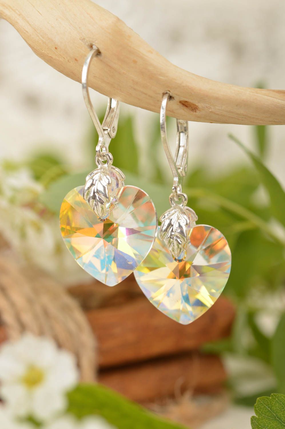 Designer cute handmade earrings with Austrian crystals in shape of hearts photo 1