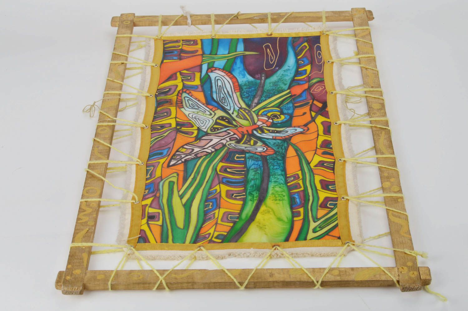 Tableau encadré peint sur tissu technique batik à froid fait main Flore et faune photo 1