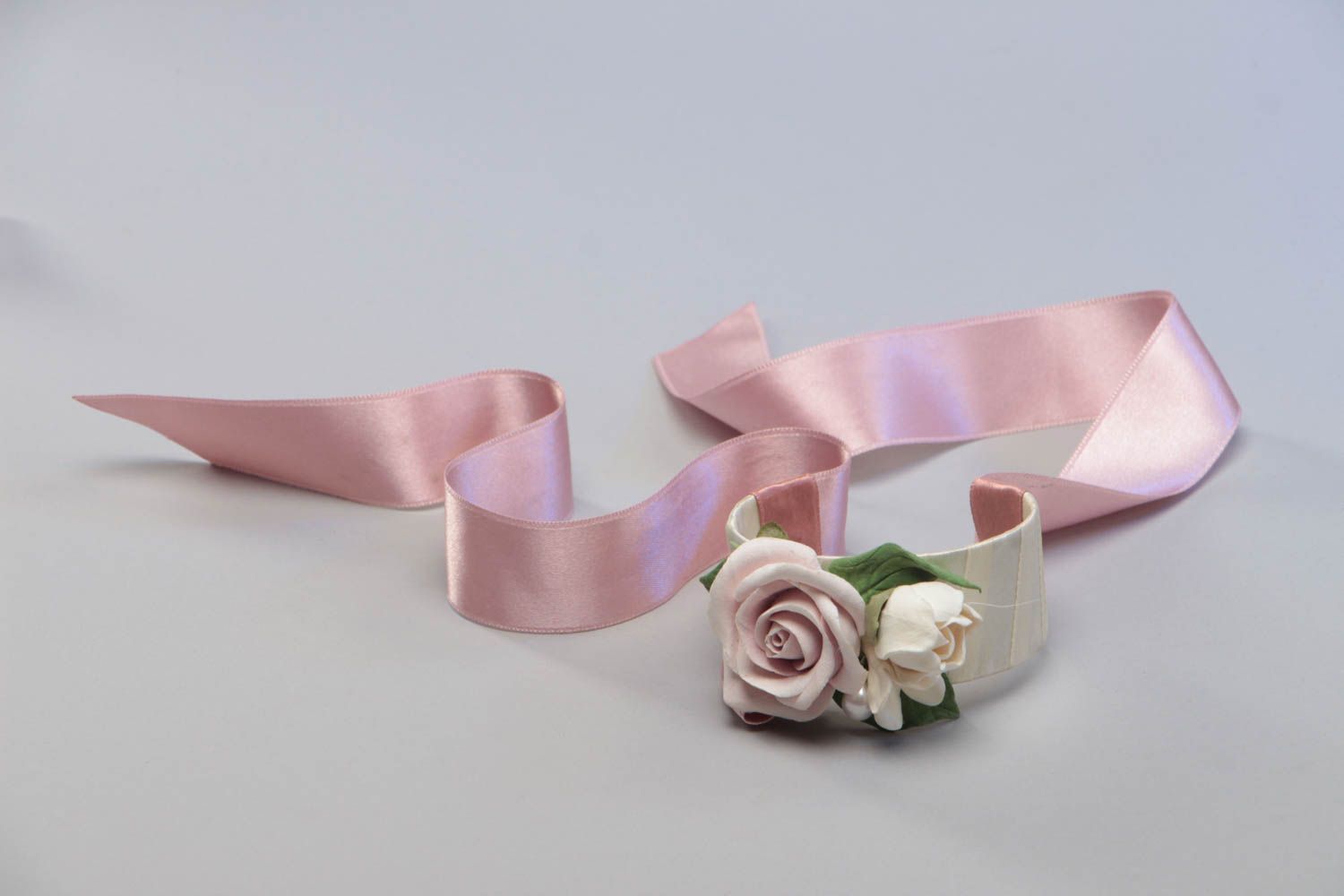 Pink rose flower wedding bracelet with satin ribbons photo 3
