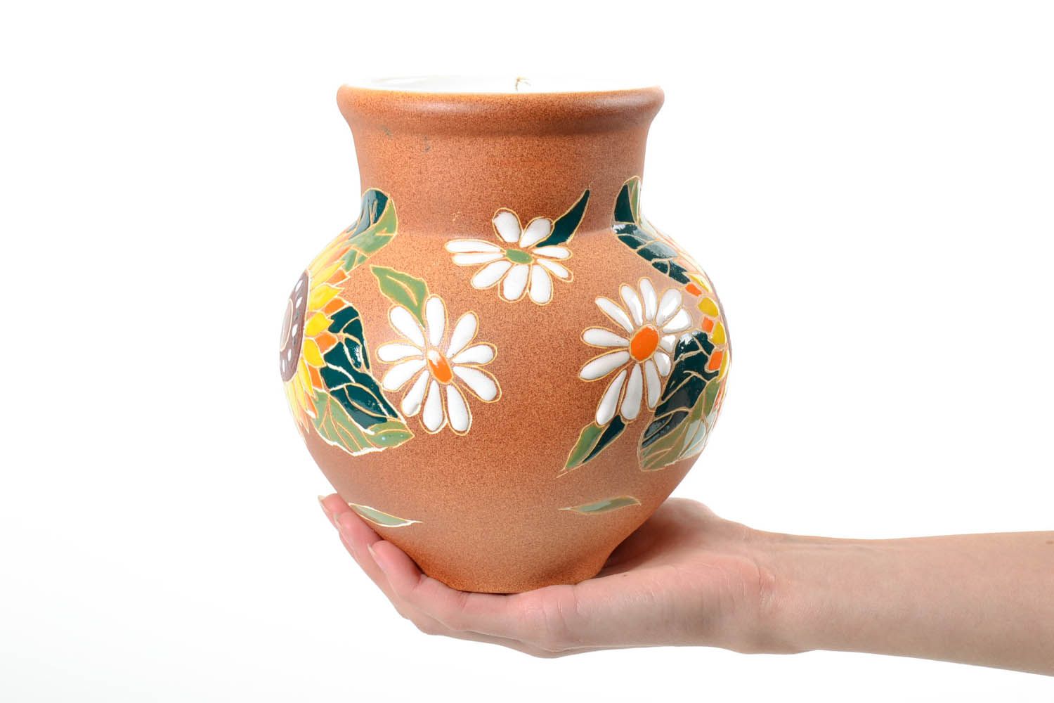 Handmade ceramic milk jug with sunflower painting 2 lb photo 2