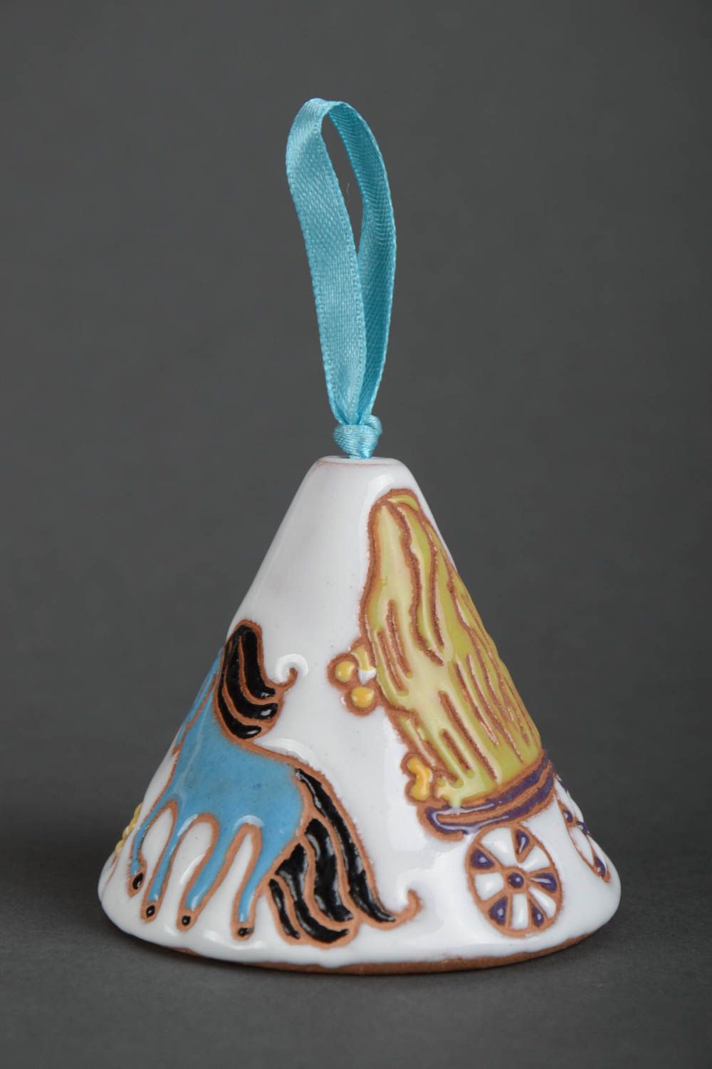 White handmade painted clay bell with horses  photo 2