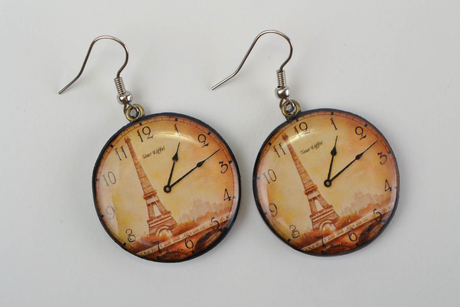 Stylish handmade design round polymer clay earrings with decoupage Eiffel Tower photo 3