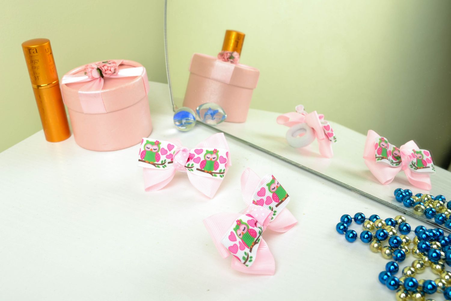Hair clips with bows made of rep ribbons with owls photo 1