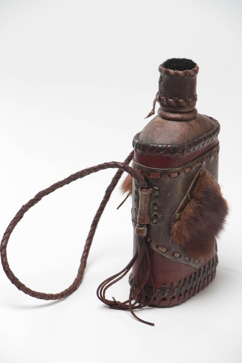 Handmade decorative designer leather covered flask decorated with metal and fur photo 2