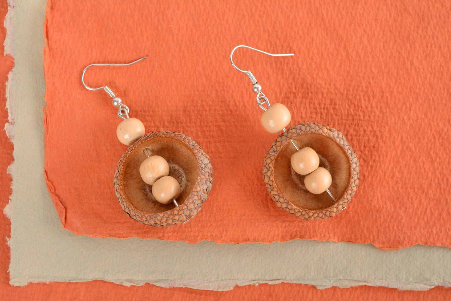 Earrings with wooden beads and acorns handmade designer jewelry in eco-style photo 1
