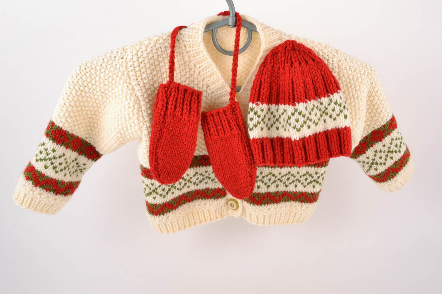 Ensemble de tricot pour bébé gilet bonnet moufles en laine fait main blanc rouge photo 1