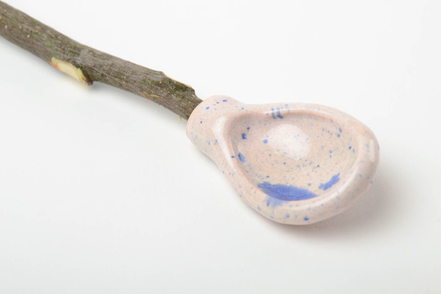Handmade decorative small ceramic spoon with apricot branch handle for spices photo 4