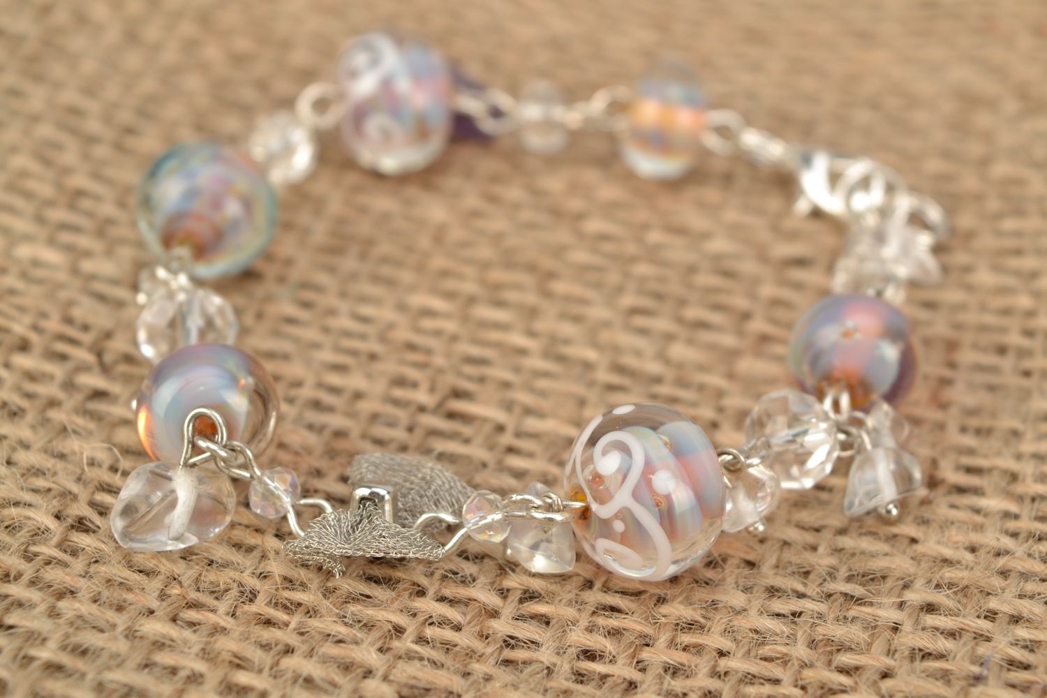 Bracelet with lampwork glass beads Sea Foam photo 2