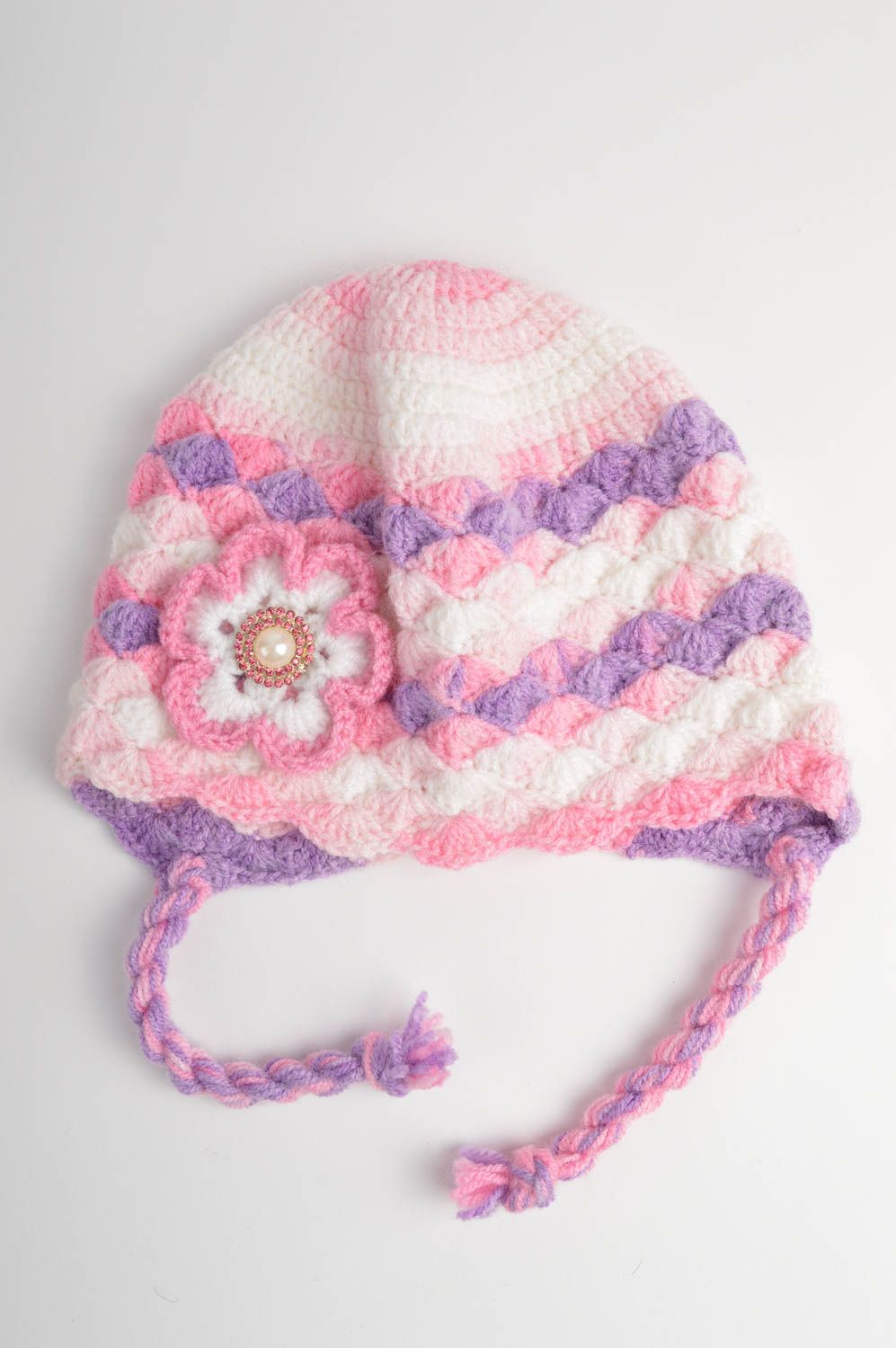 Bonnet tricot fait main Chapeau au crochet laine acrylique rose Vêtement fille photo 3