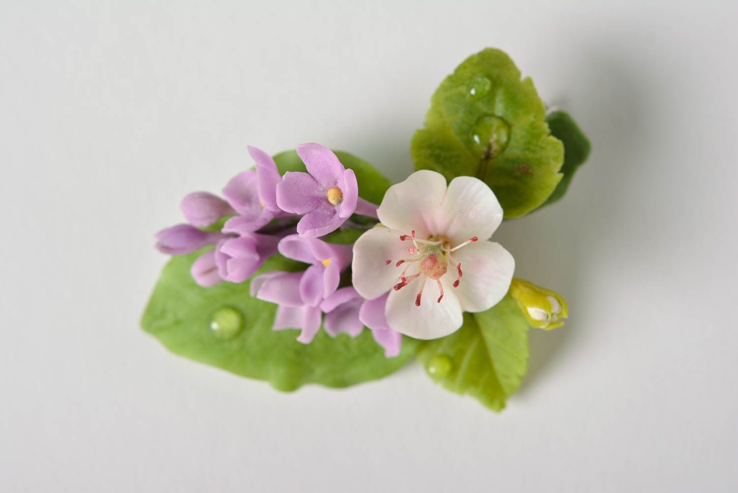 Small gentle handmade designer hair clip with polymer clay flowers beautiful photo 5