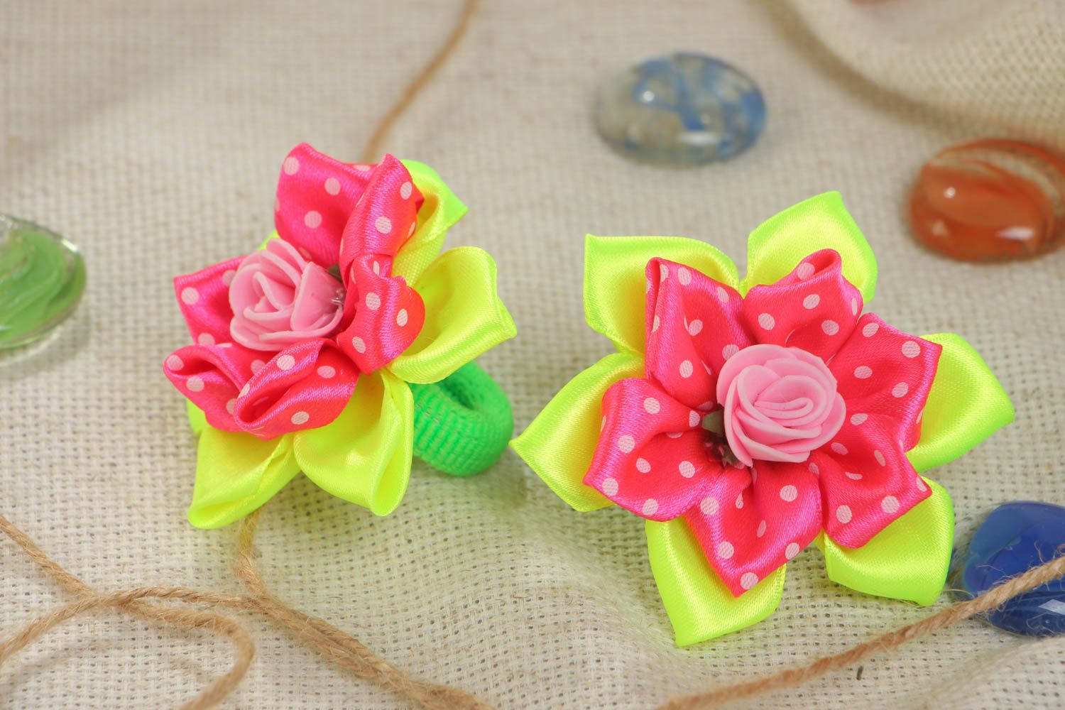 Set of handmade scrunchies made of satin ribbons kanzashi technique 2 pieces photo 1