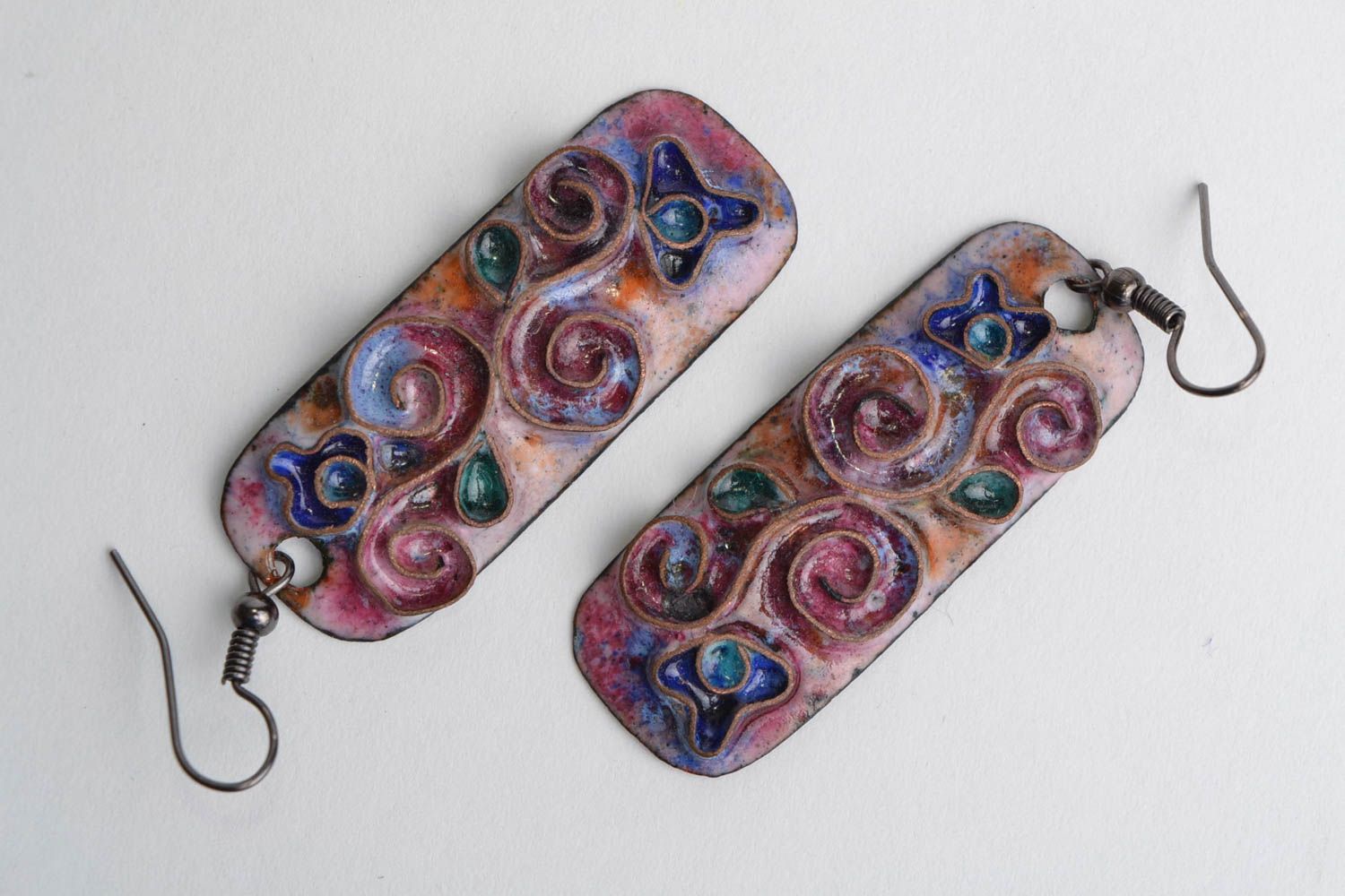Handmade long rectangular enameled copper earrings in violet color palette photo 1