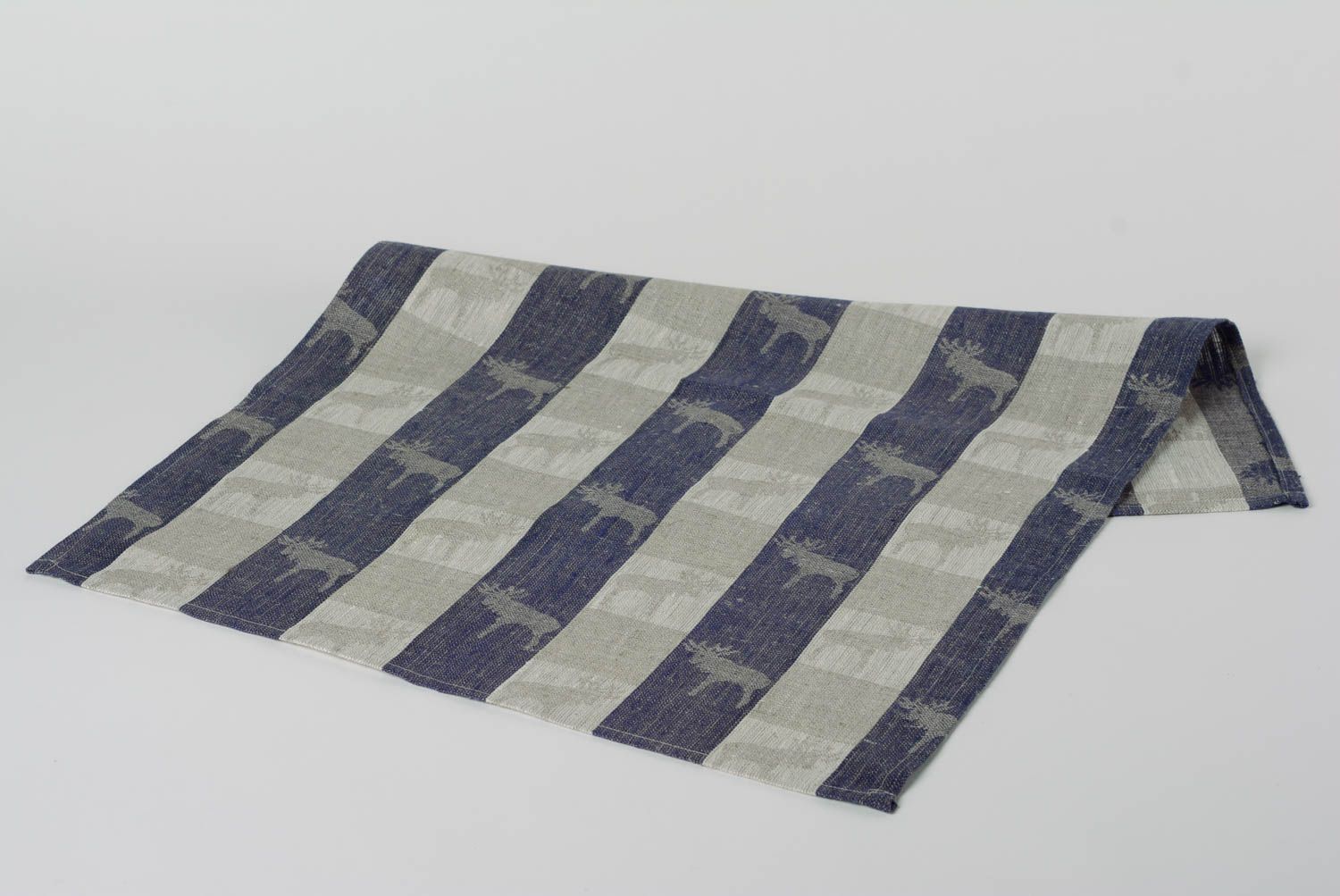 Handmade kitchen towel sewn of striped linen fabric in gray and blue colors photo 2
