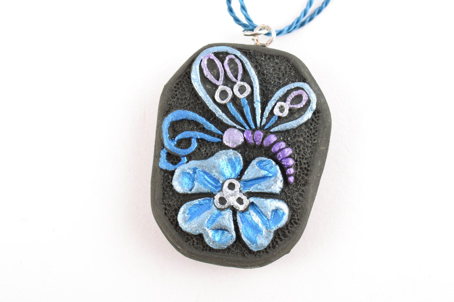 Handmade ceramic pendant painted with acrylics on cord Butterfly on Flower photo 5