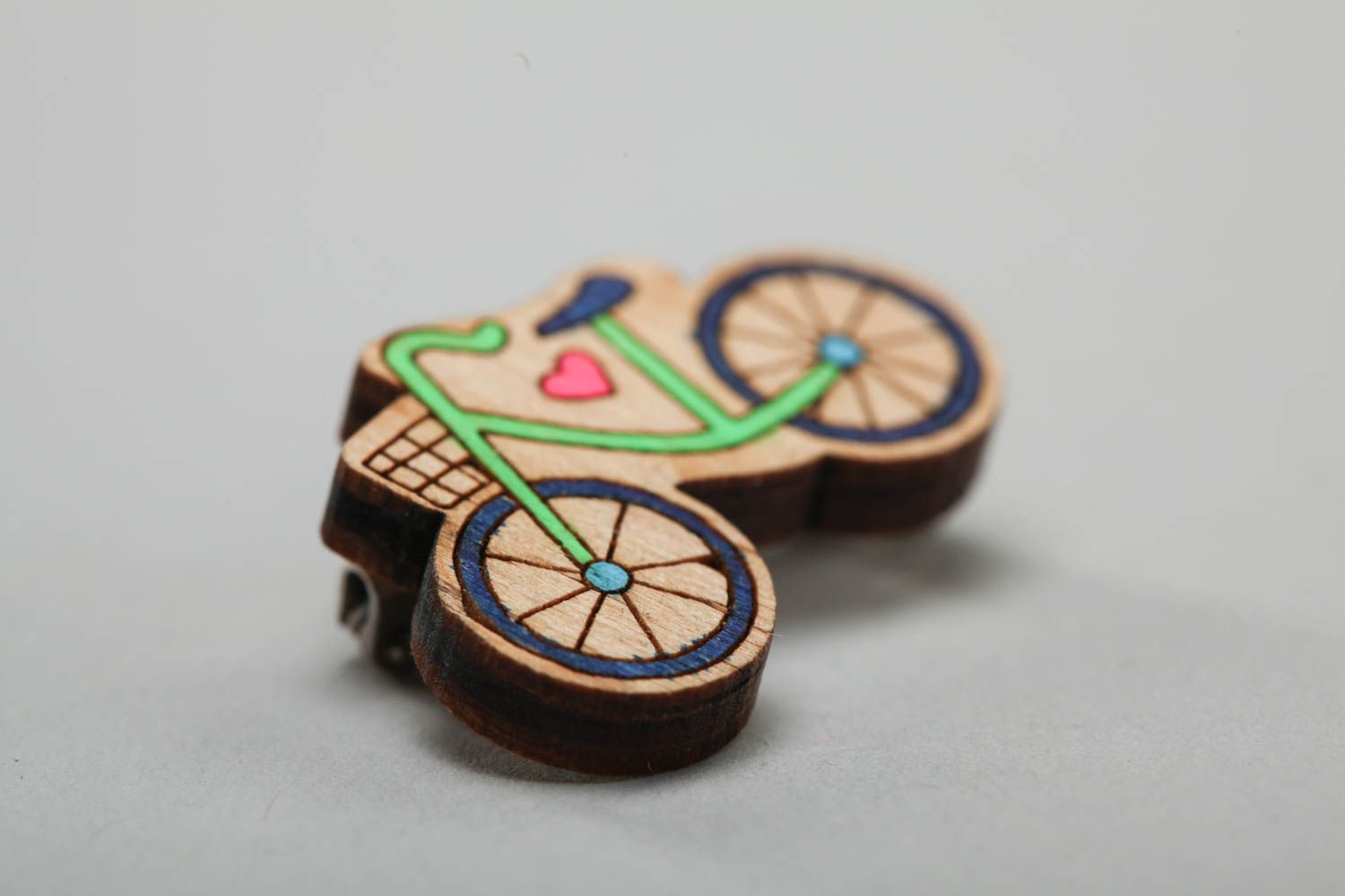 Handmade designer plywood brooch painted with acrylics in the shape of bicycle photo 3