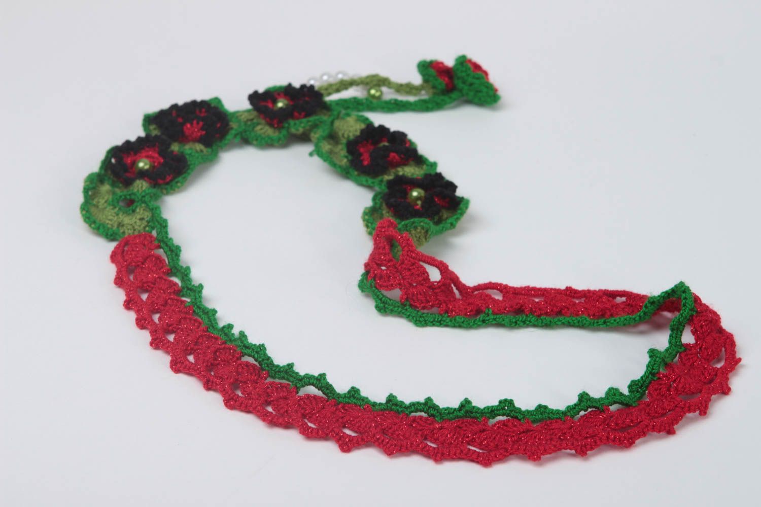Collier textile Bijou fait main tricoté au crochet avec fleurs Accessoire femme photo 5