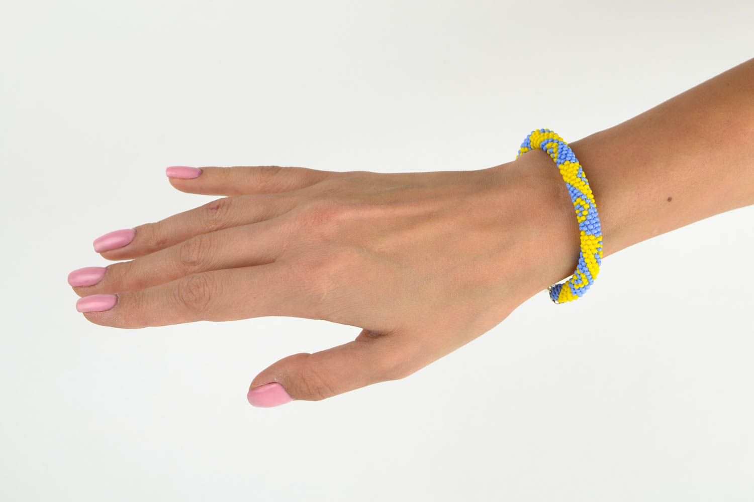 Handmade beaded cord bracelet in yellow and blue colors for women photo 1