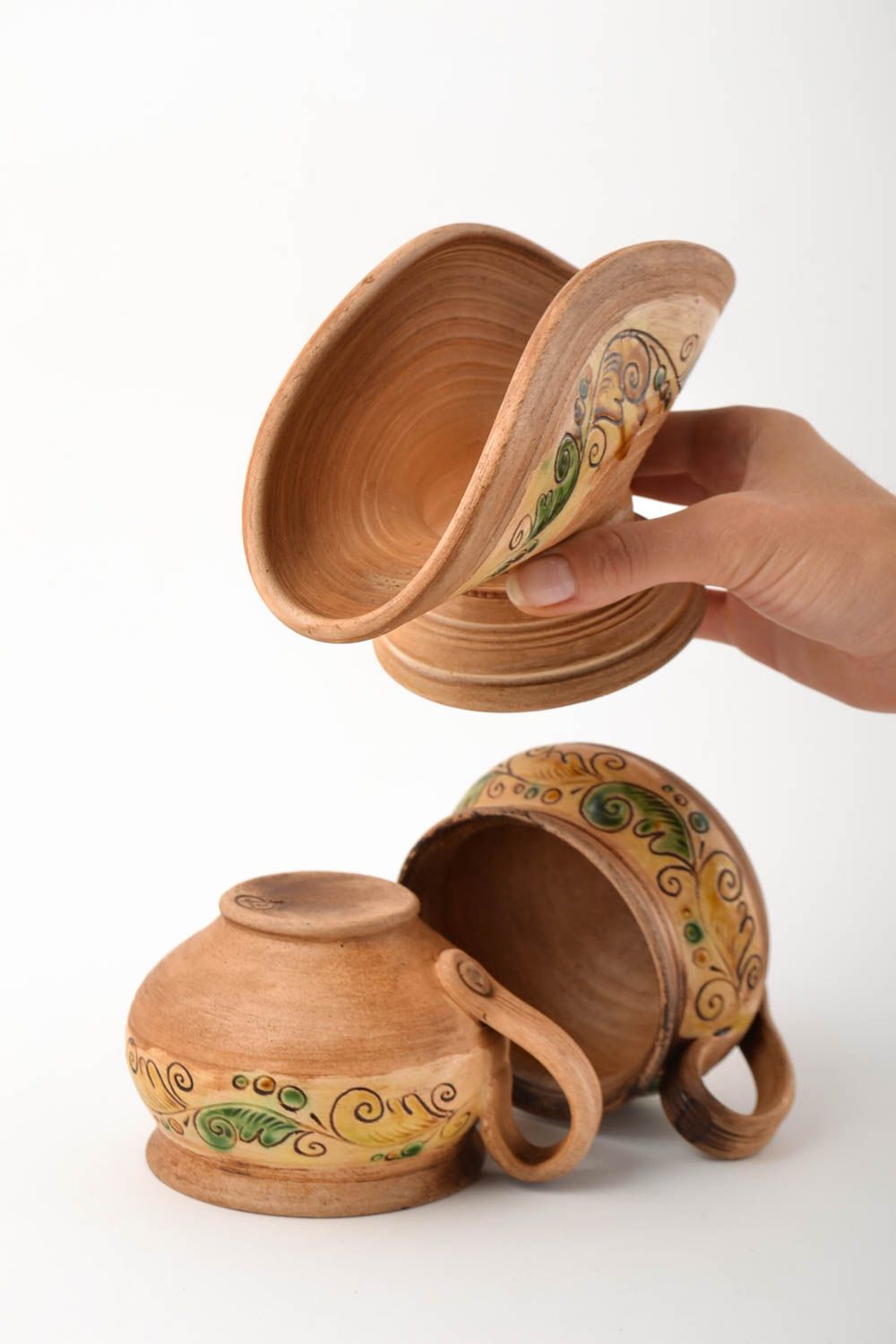 Handgemachte Keramik schönes Geschirr Set Servietten Ständer 2 Tee Tassen braun foto 5