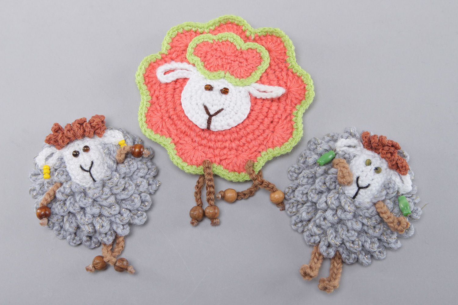 Set of handmade fridge magnets crocheted of cotton and wool 3 items Lambs photo 1
