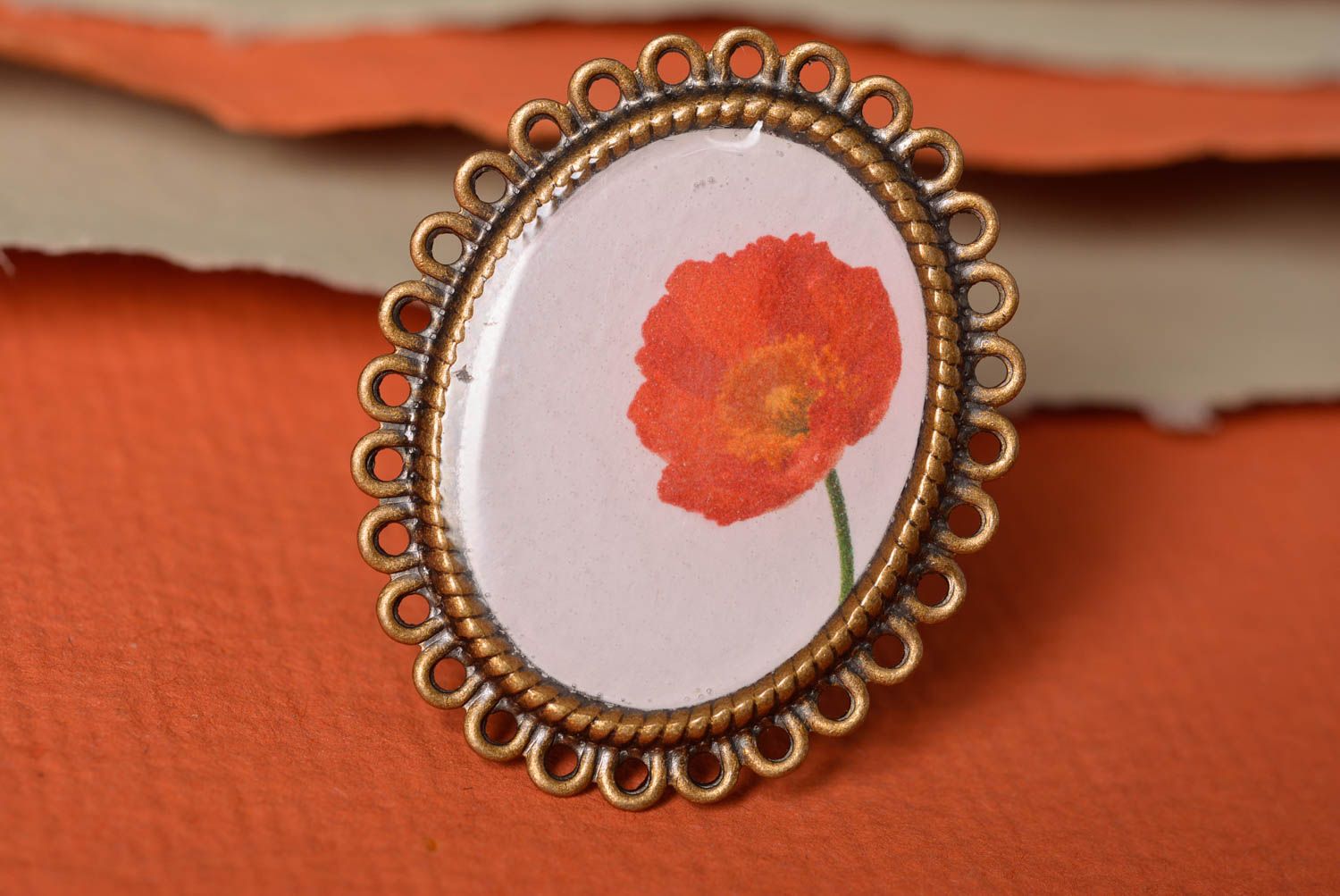 Handmade vintage oval ring with metal basis and floral print in epoxy resin photo 1