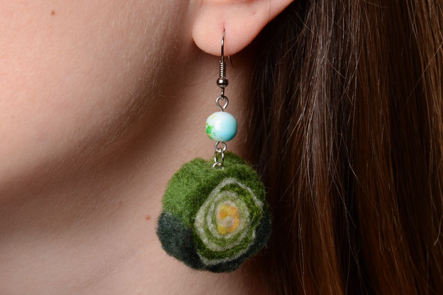 Green handmade designer felted wool ball earrings with beads photo 1